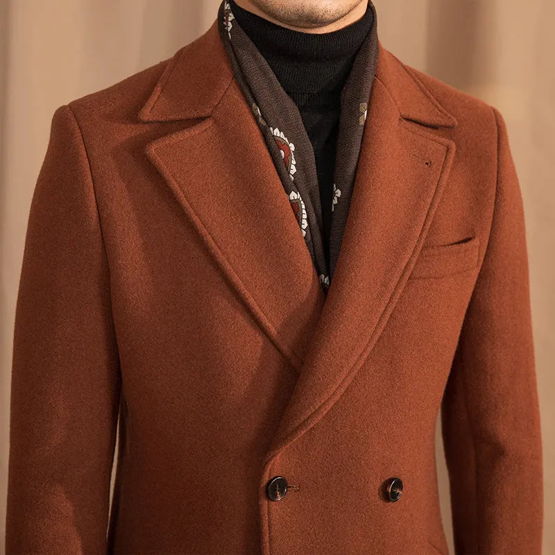 Double-breasted mid-length wool overcoat in caramel with suit collar, available in sizes M to 3XL