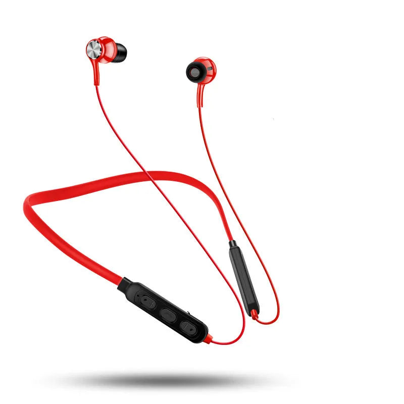 Neckband sports Bluetooth earphones in black, red, or white with USB charging cable