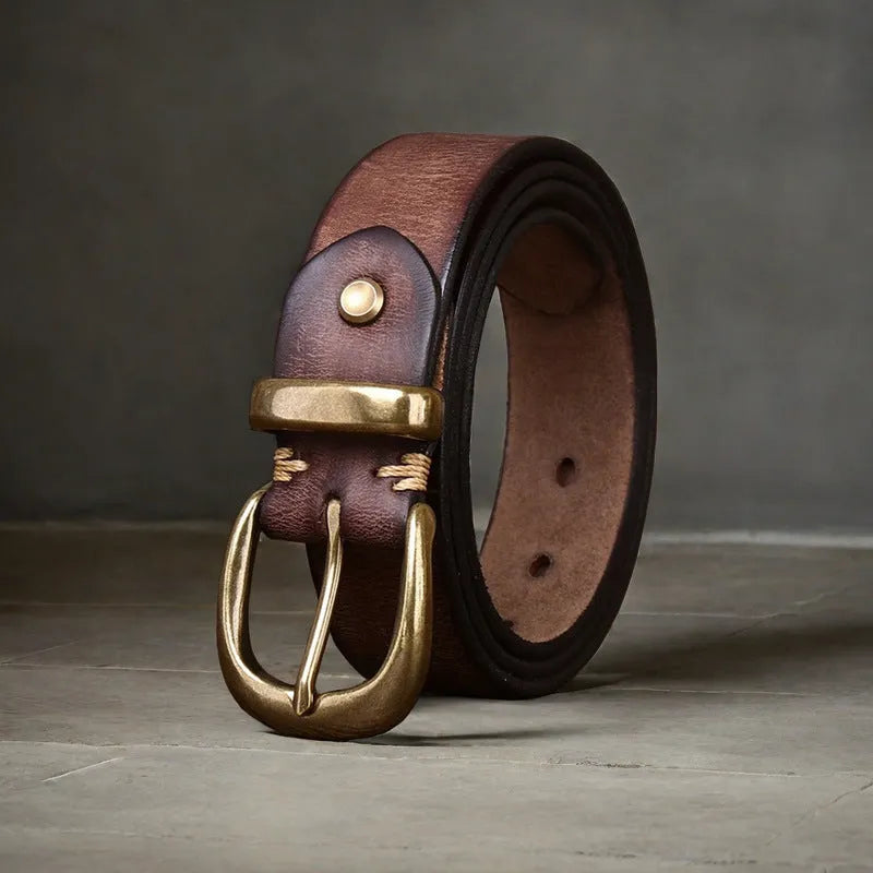 Men's genuine cowhide leather casual belt with copper buckle in black, brown or khaki.