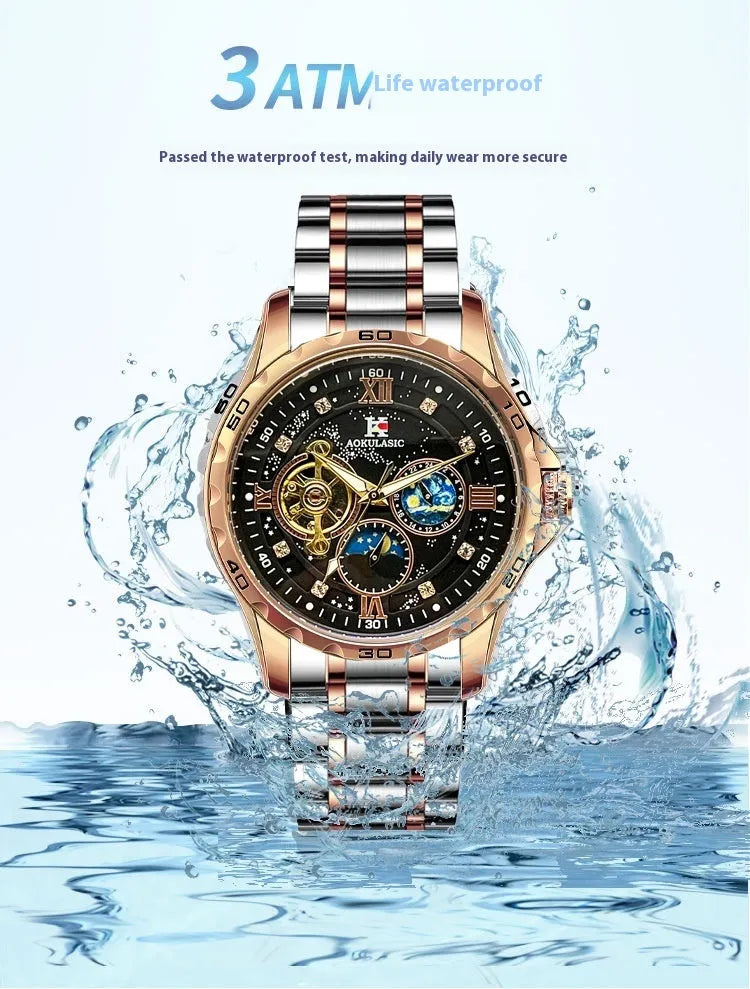 Men's rose gold automatic mechanical chronograph watch with black dial