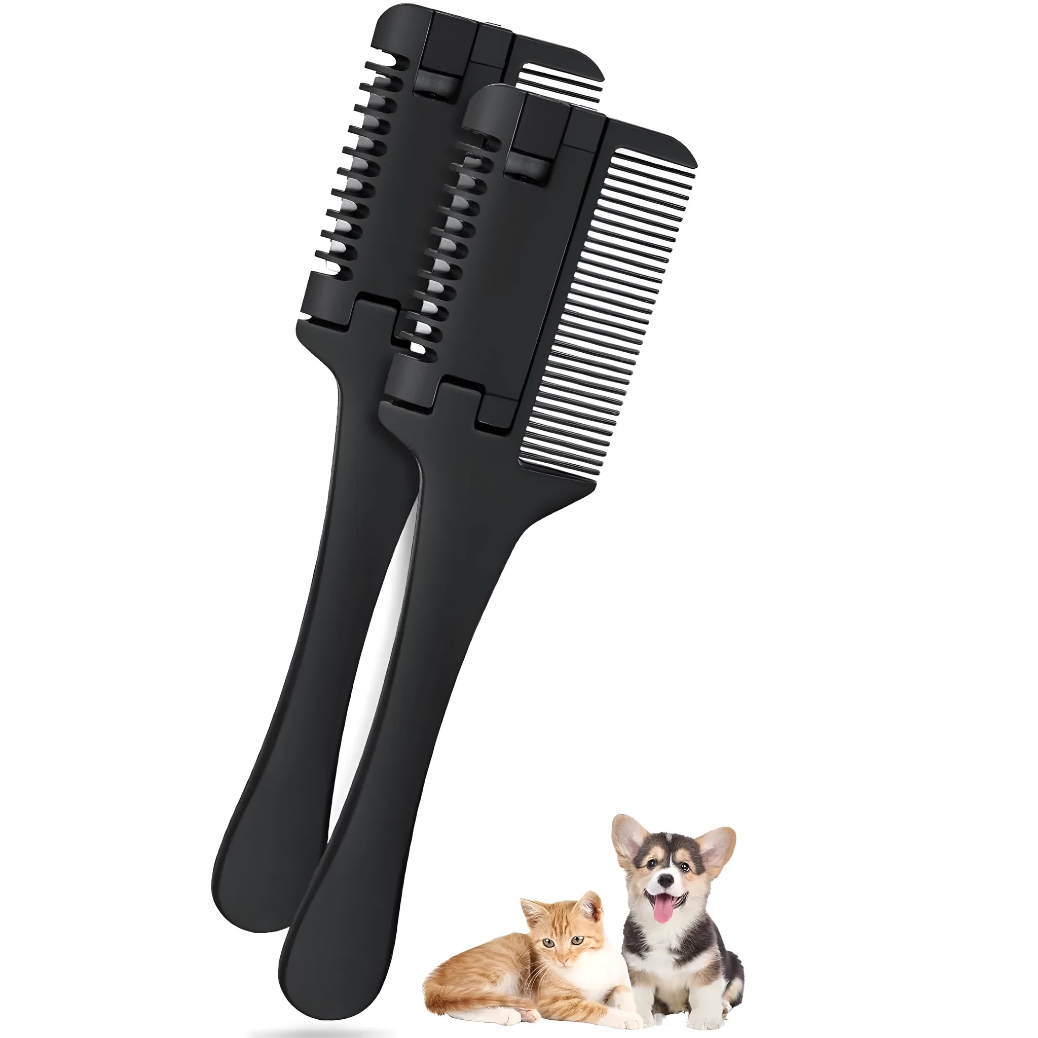 Pet razor comb grooming tool with comb teeth and razor blade, includes ten spare blades.