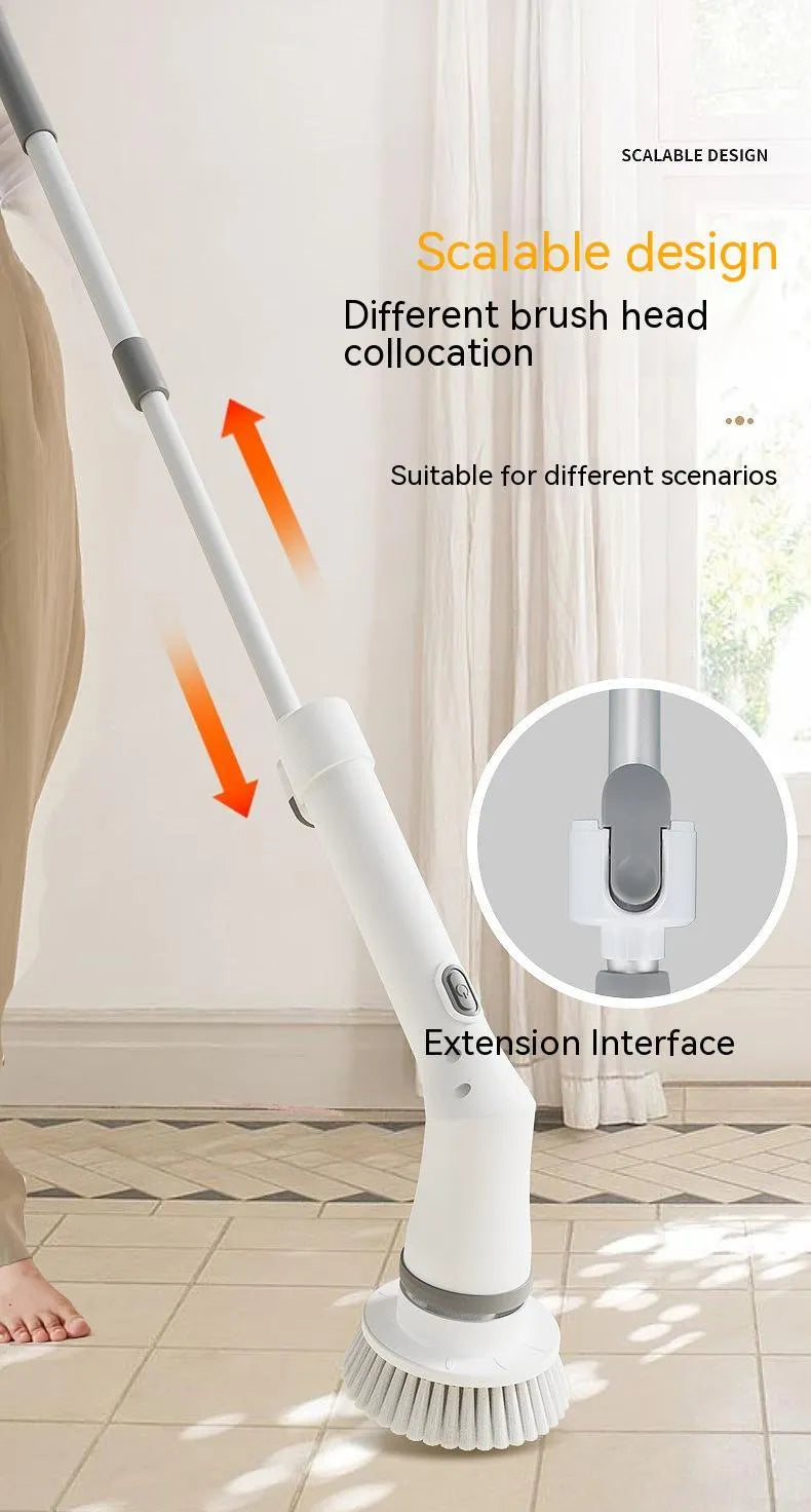White electric scrubber cleaning brush with long telescopic handle and Type-C charging interface on a floor