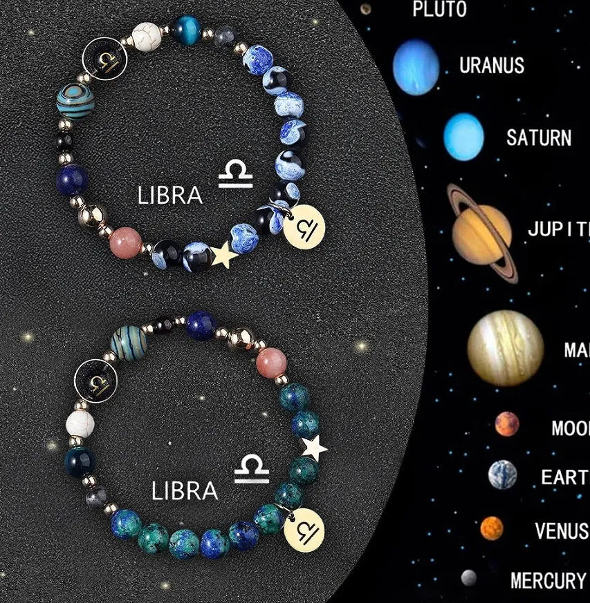 Set of two natural stone beaded bracelets with zodiac sign charms on an adjustable cord.