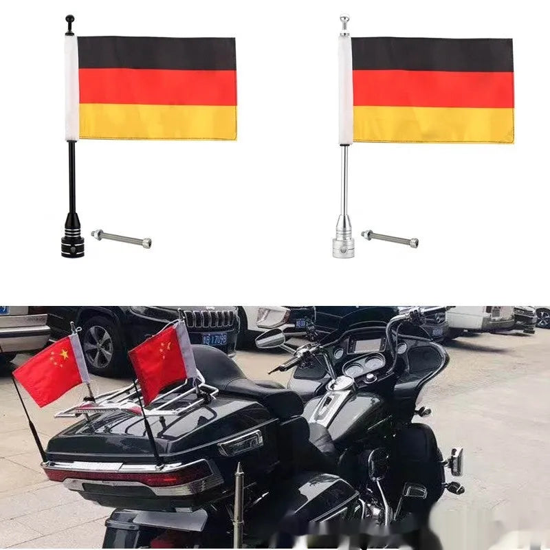 Black and silver motorcycle luggage rack flagpole for side boxes and panniers.