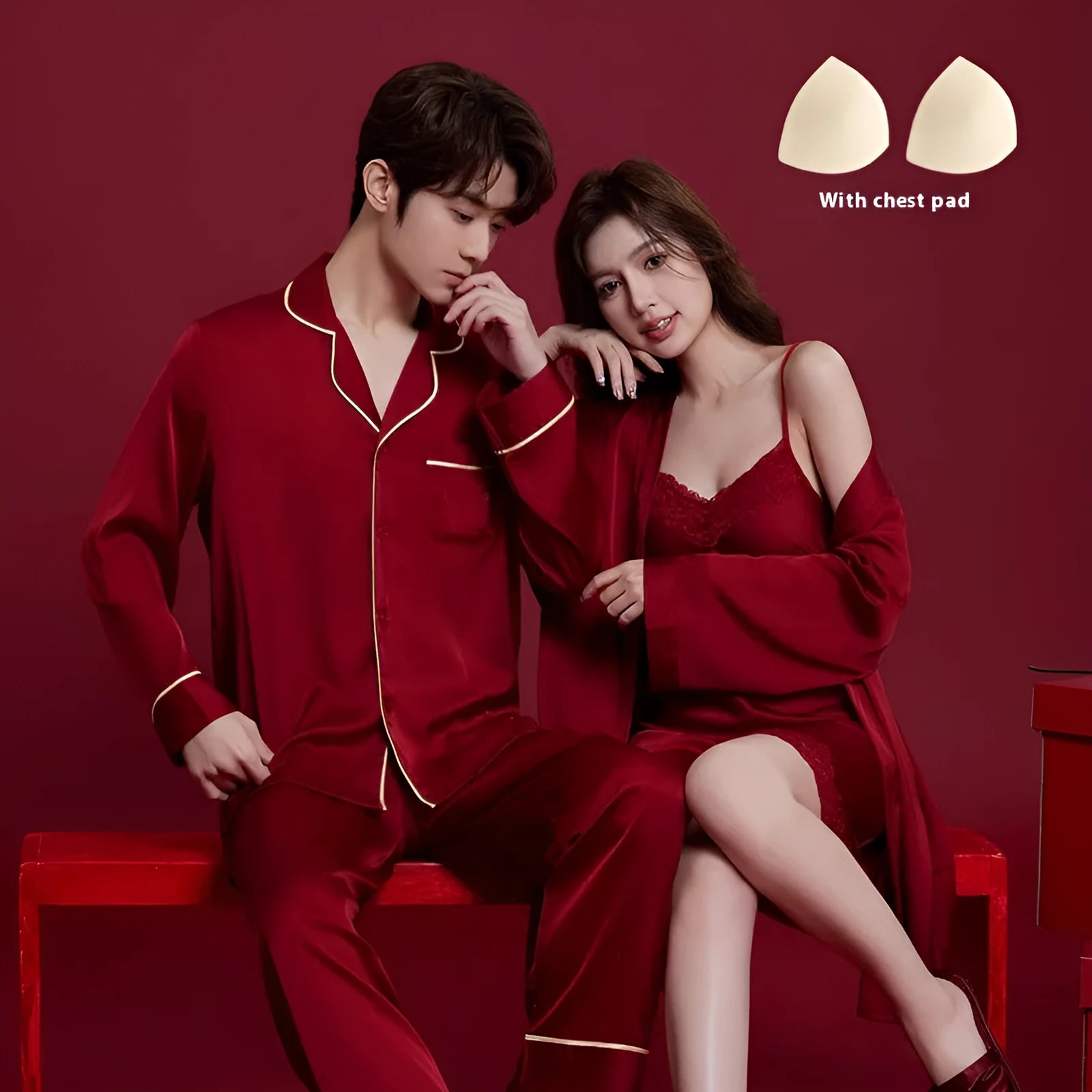 Red polyester lounge suit set for men and women with long sleeves and trousers