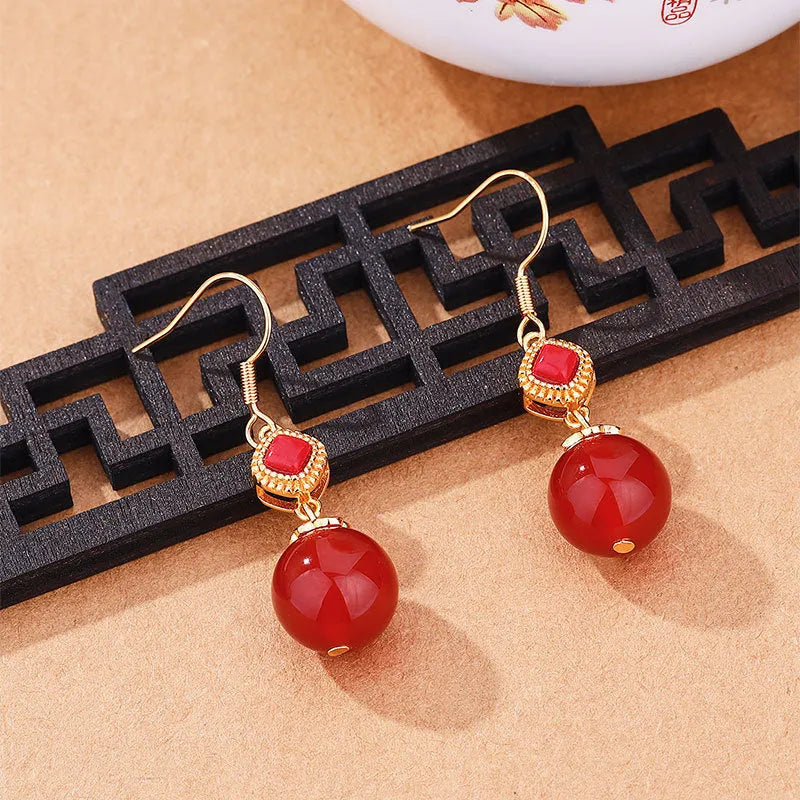 Southern red agate round beads earrings with S925 silver and jasper inlay on copper electroplated base, geometric design, one pair.