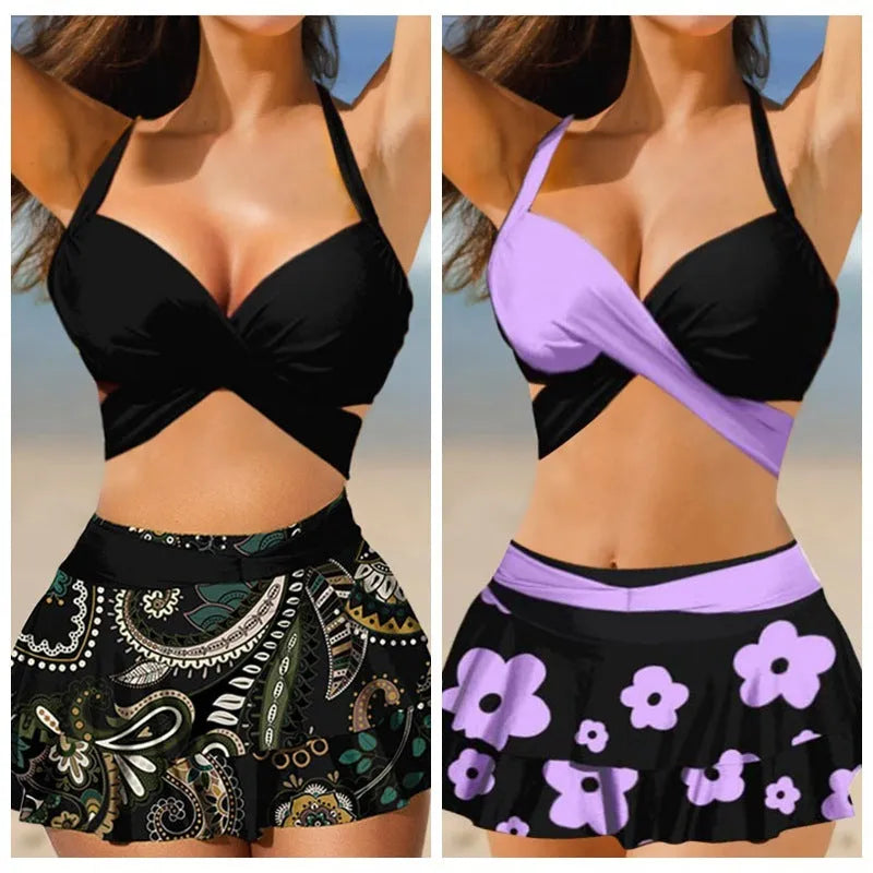 Women's purple bikini set with matching skirt showing lace-up detailing and high-waist styling