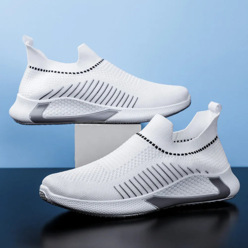 Men's mesh sock shoes with striped design and flyknit upper in black, white colour options