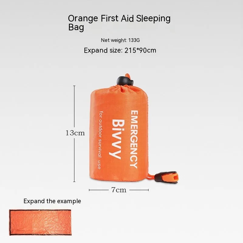 Orange emergency tent kit with sleeping bag, raincoat and whistle for disaster relief