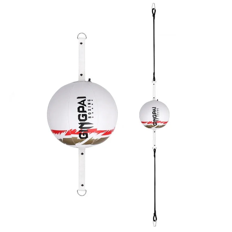 Black hanging boxing speed ball made of PU leather for reaction training.