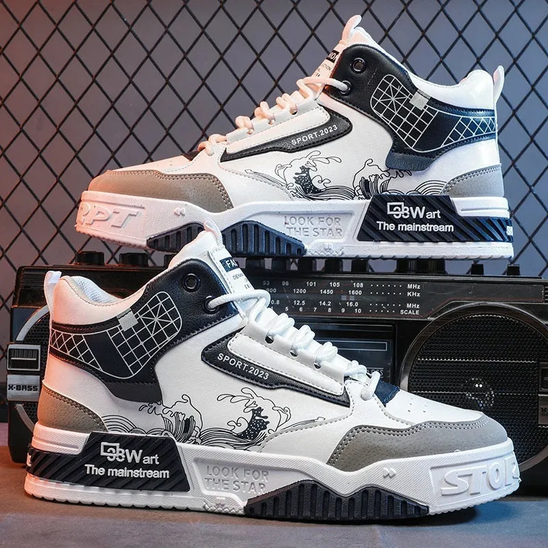 Men's beige, white and blue high-top board shoes with lace-up front and rubber sole.