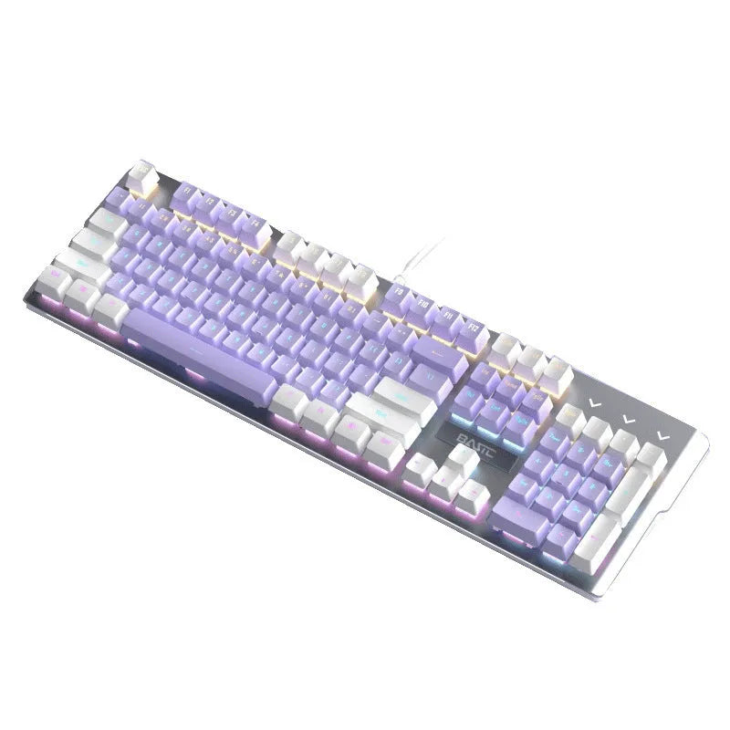 Purple and white mechanical keyboard, gaming mouse, and headset combo set with backlight on desk