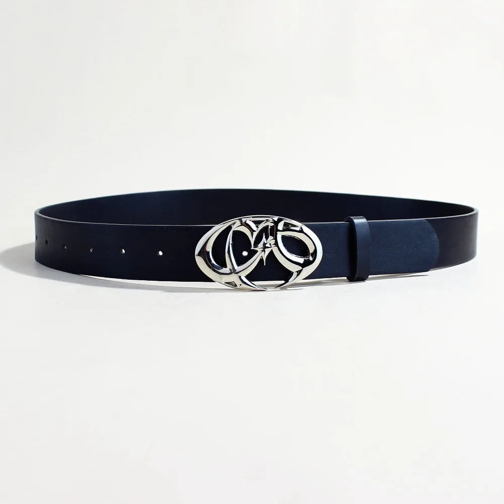 Men's silver buckle snap button belt made from black PU leather.