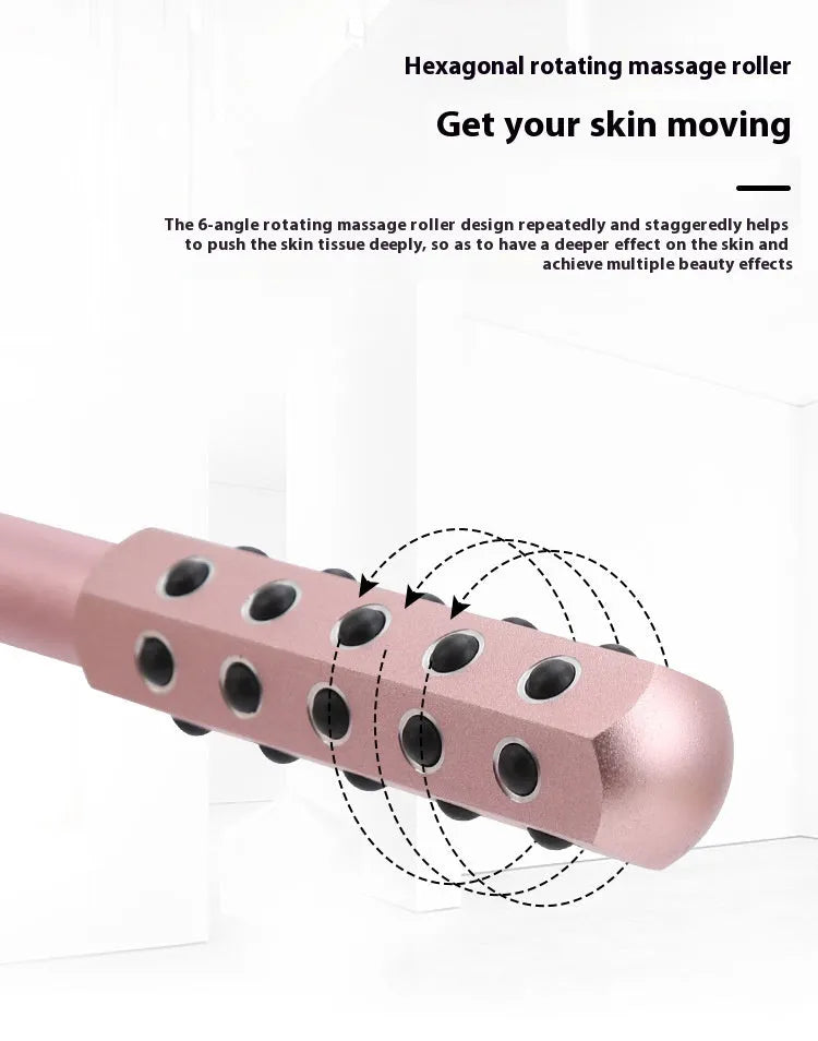 Purple handheld facial massage roller with visible germanium beads on a rotating head