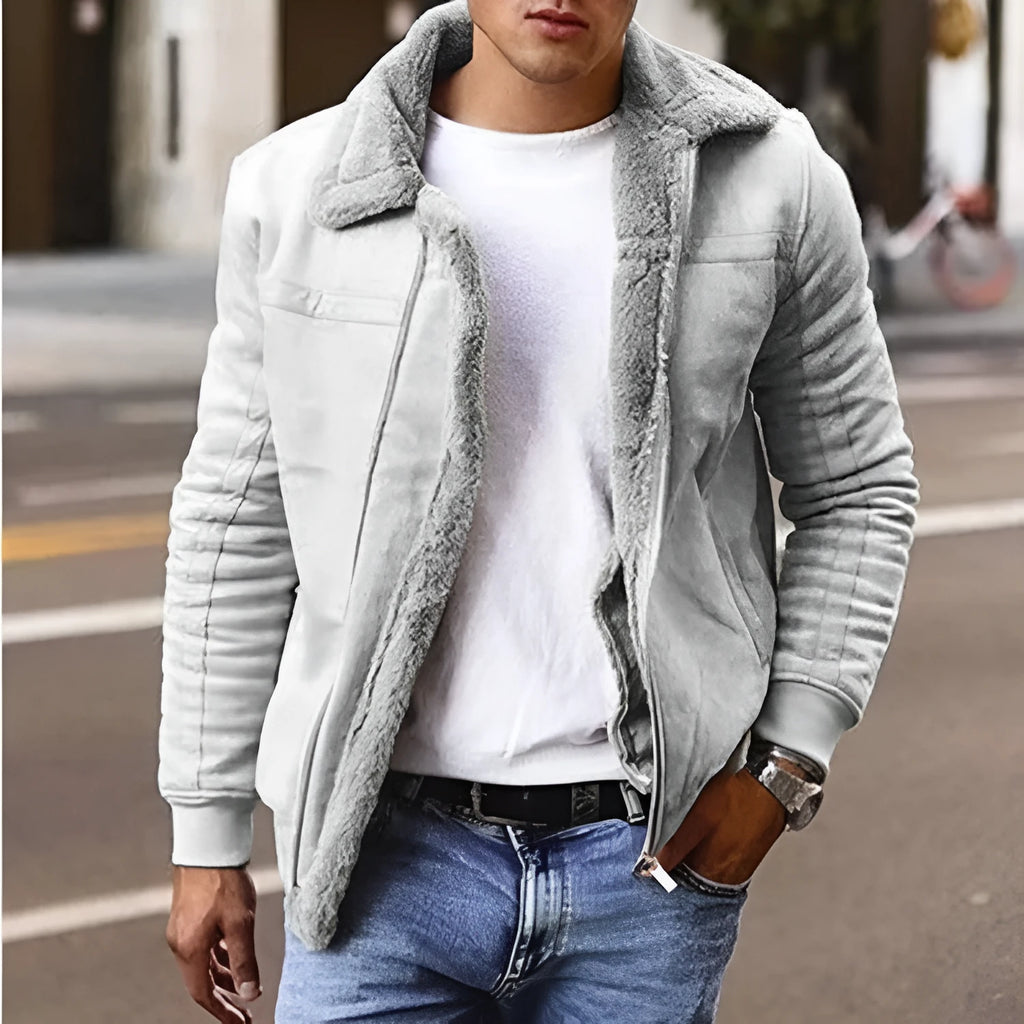 Women's casual biker jacket in grey polyester blend with sanded finish, regular length 50-65cm