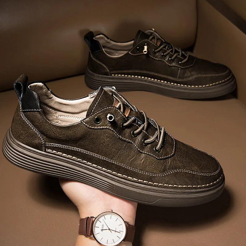 Versatile low-top cowhide flat shoes in black, beige, khaki for outdoor mountaineering and leisure