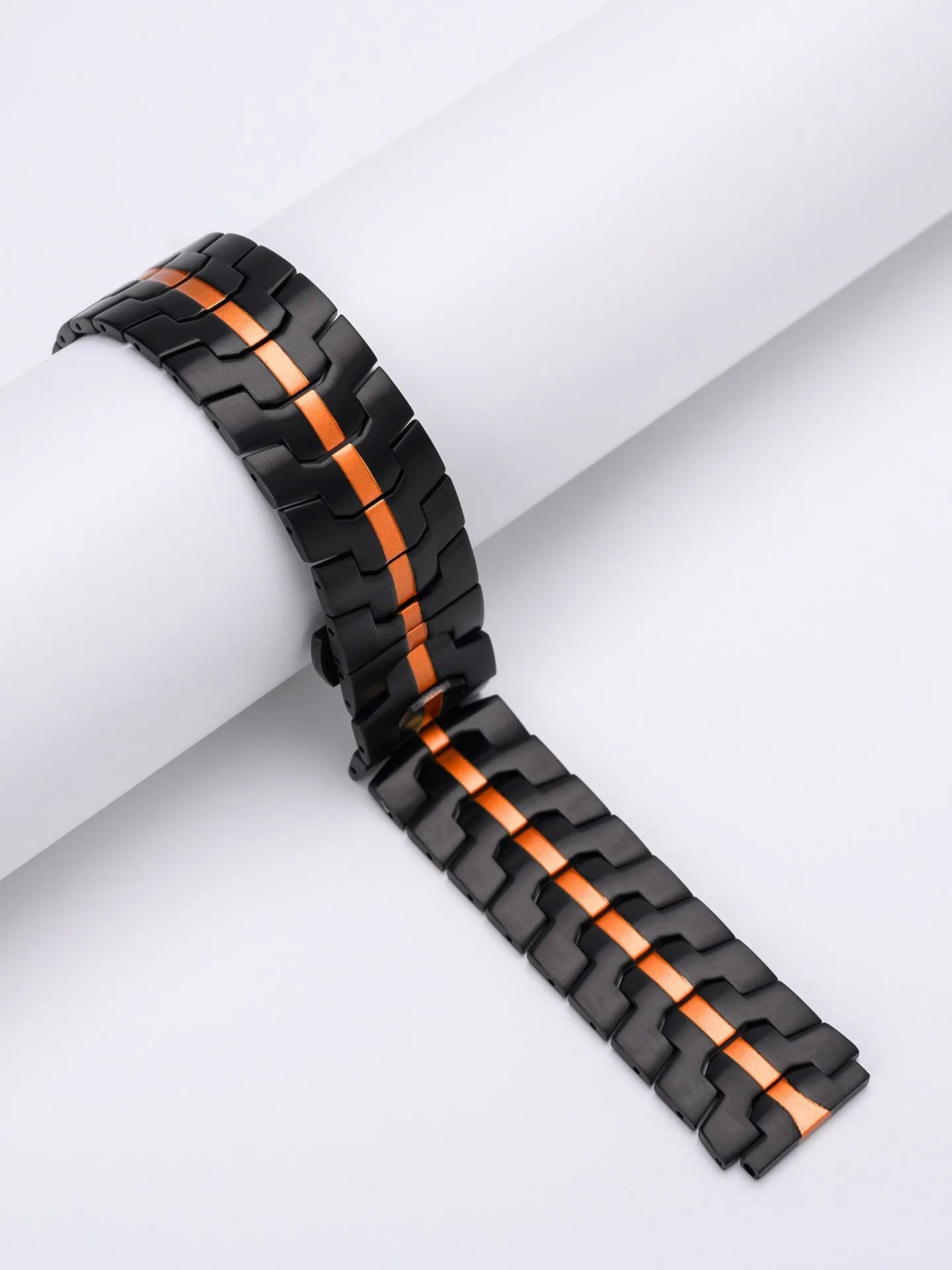Stainless steel watch band for Samsung Galaxy Watch showing silver and black colour options