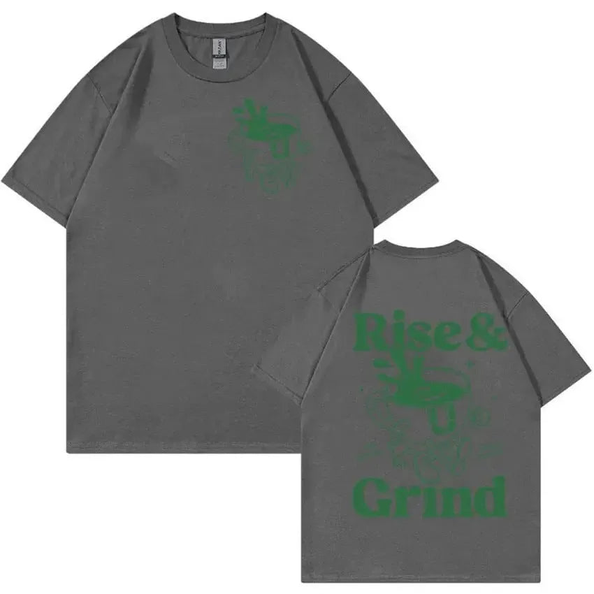 Loose fit linen t-shirt with Rise And Grind text and cartoon coffee graphic