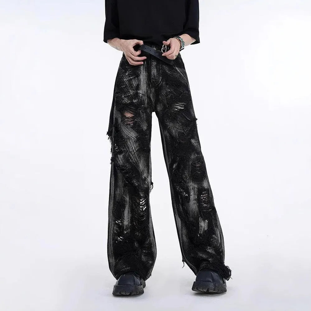 Men's heavyweight washed graffiti denim jeans in high street wasteland style with mid waist design