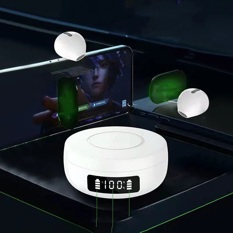 Mini semi-in-ear wireless headphones with wireless charging case in black, colour or white