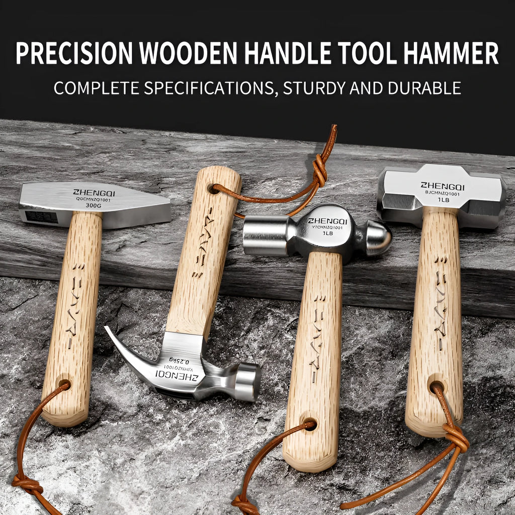 Mini claw hammer with wooden handle and high carbon steel head on a workbench
