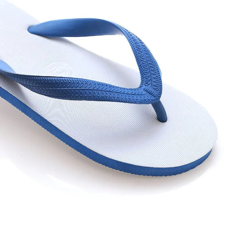 Fish label rubber flip-flops in four colours with non-slip deodorant soles, shown with size guide