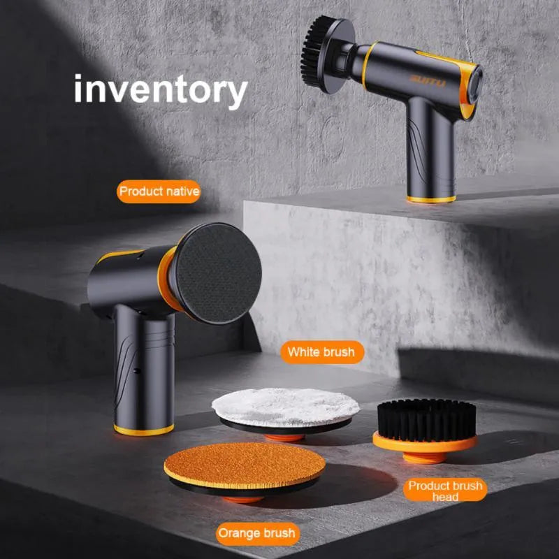 Black car polishing machine with 12cm disc and USB charging cable on a workshop bench