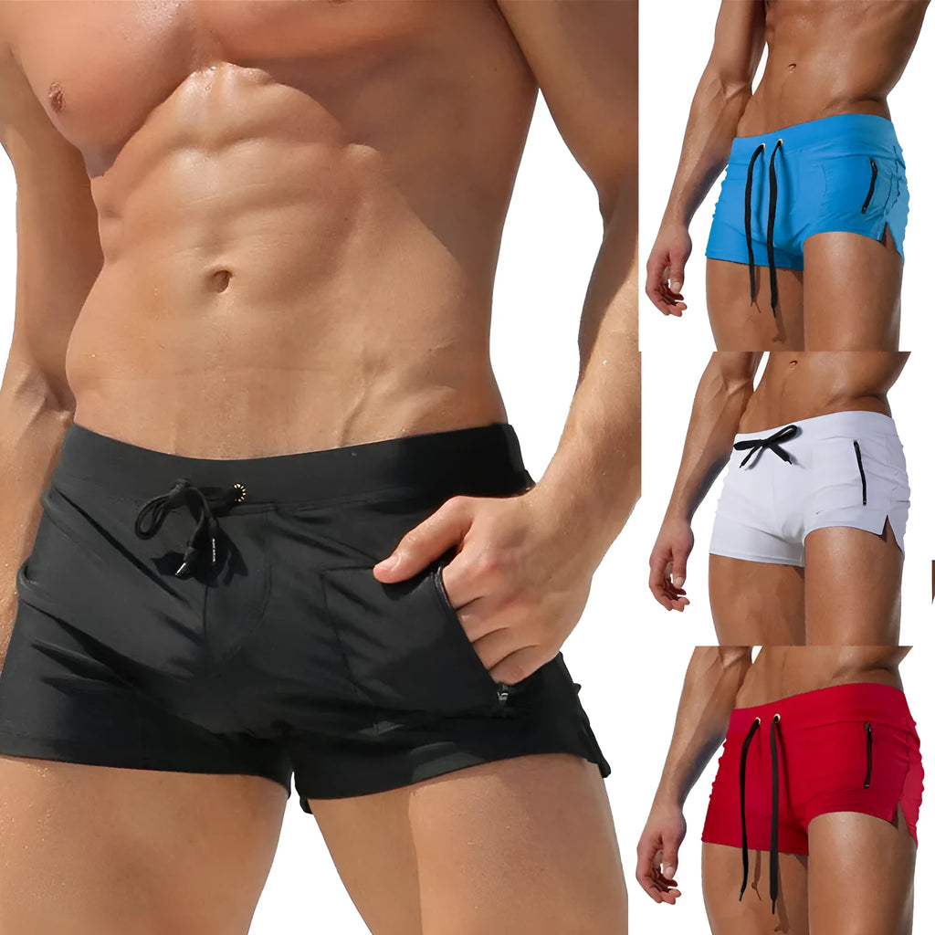 Men's high waist swimming trunks with front lace-up closure in solid colour options