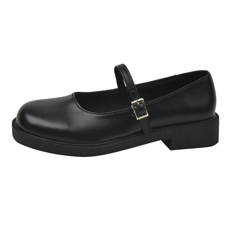 Women's flat-heeled leather shoes with round toe in red, black, and grey colour options showing vintage French styling