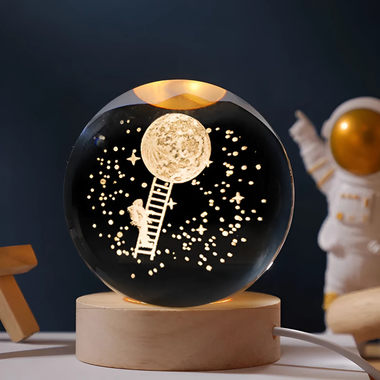 Illuminated crystal ball on wooden base with USB cable for desktop decoration