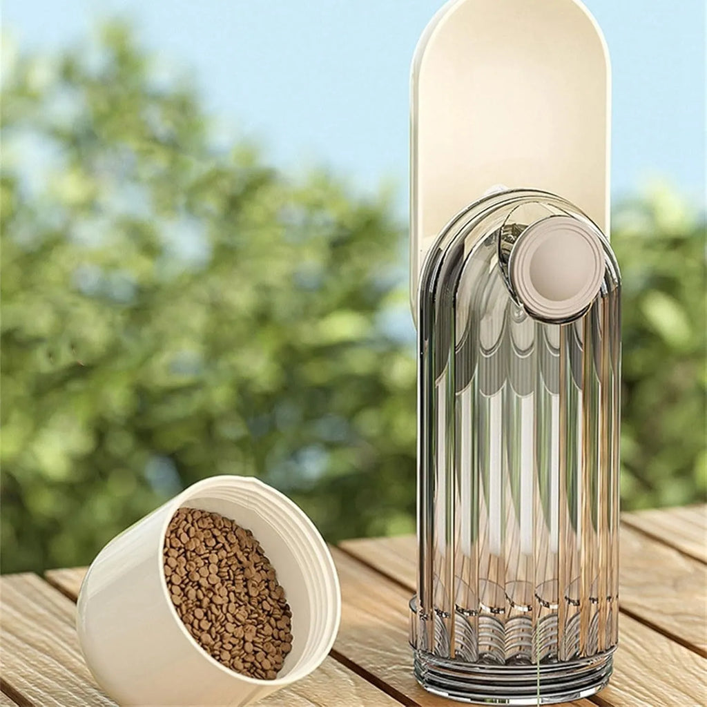 Beige foldable dog water bottle with food container base for outdoor use