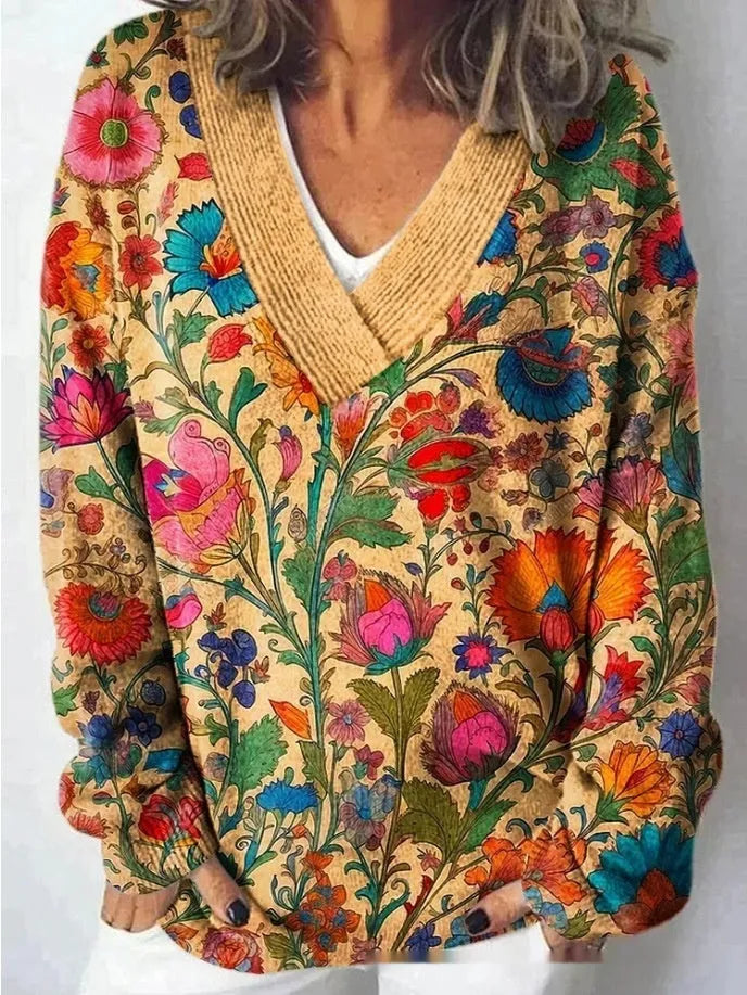 Women's V-neck long sleeve sweatshirt with a detailed 3D floral printed pattern in a retro style.
