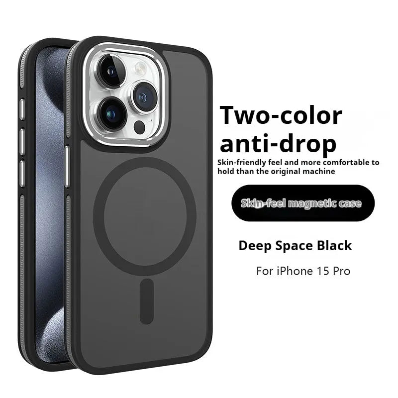 Frosted magnetic TPU phone case for iPhone 14 Pro Max with metal lens ring in black