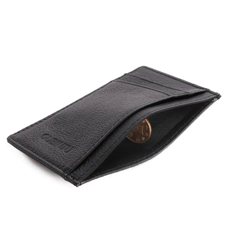 Men's genuine leather slim card holder in solid dark brown colour on plain background