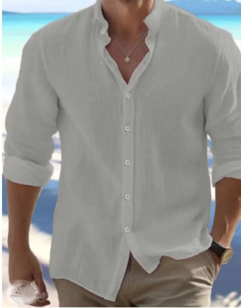 Men's long-staple cotton summer beach shirt in light grey with button front and casual pullover style