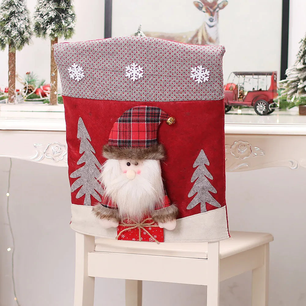Three-dimensional cartoon chair cover set with Santa, snowman, and deer designs in cloth material