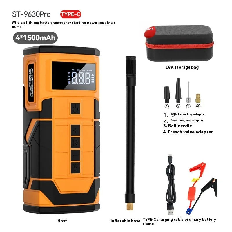 Black and yellow car jump starter with SOS light and Type-C charging cable