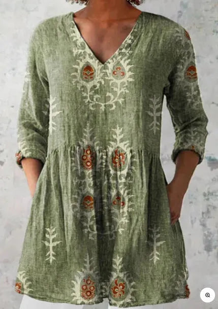 Women's printed loose dress with wave pattern, 3/4 sleeves and elastic waistband