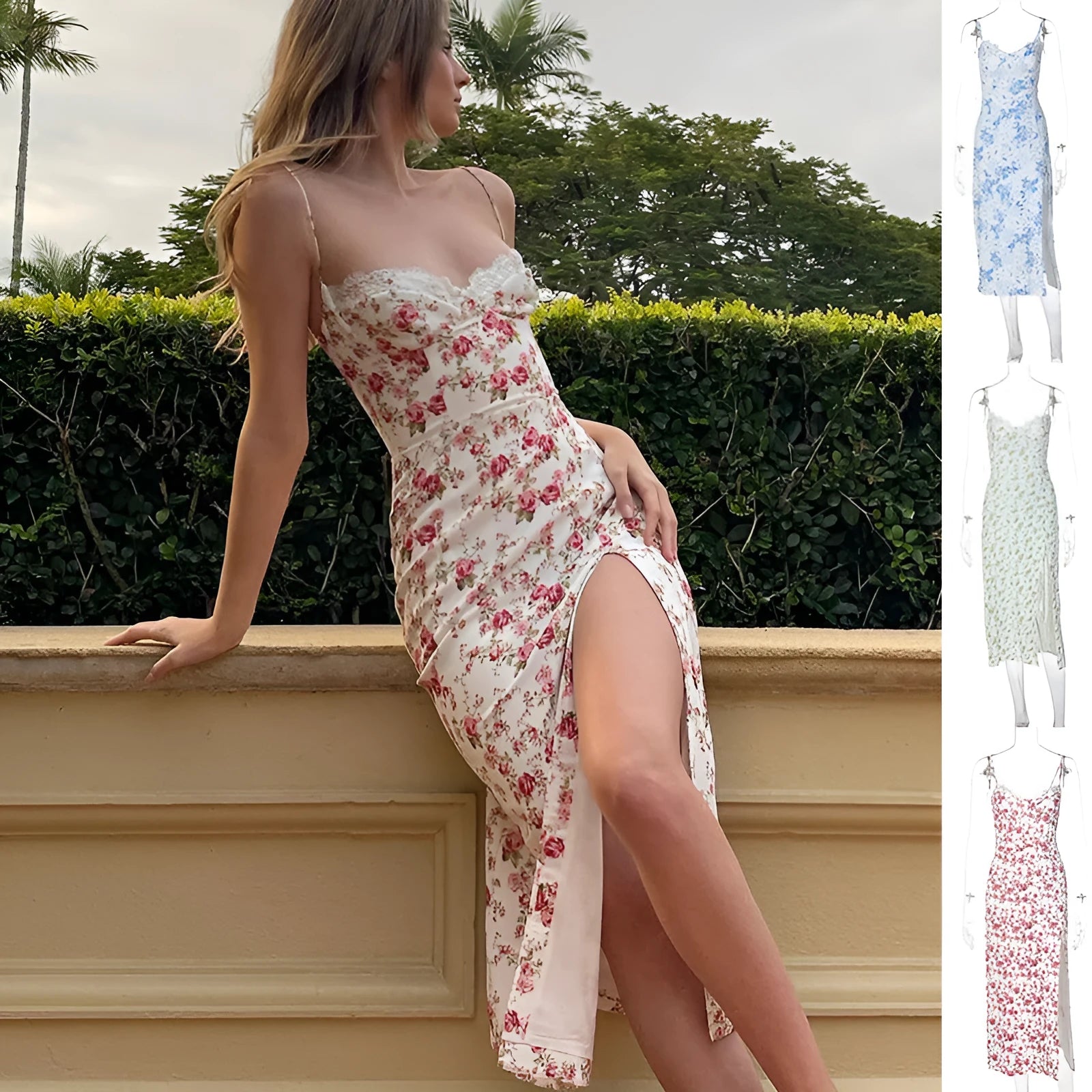 Blue lace flowers print long dress with side slit and suspender straps on a model