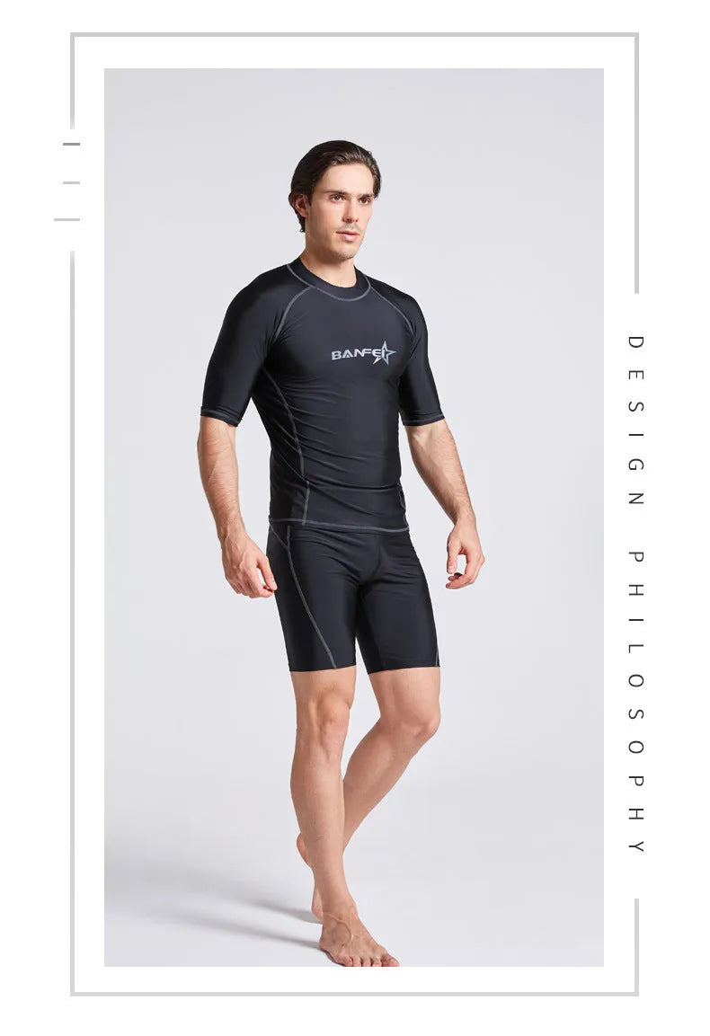 Men's half sleeve swimsuit wetsuit in nylon fabric for snorkelling and surfing activities