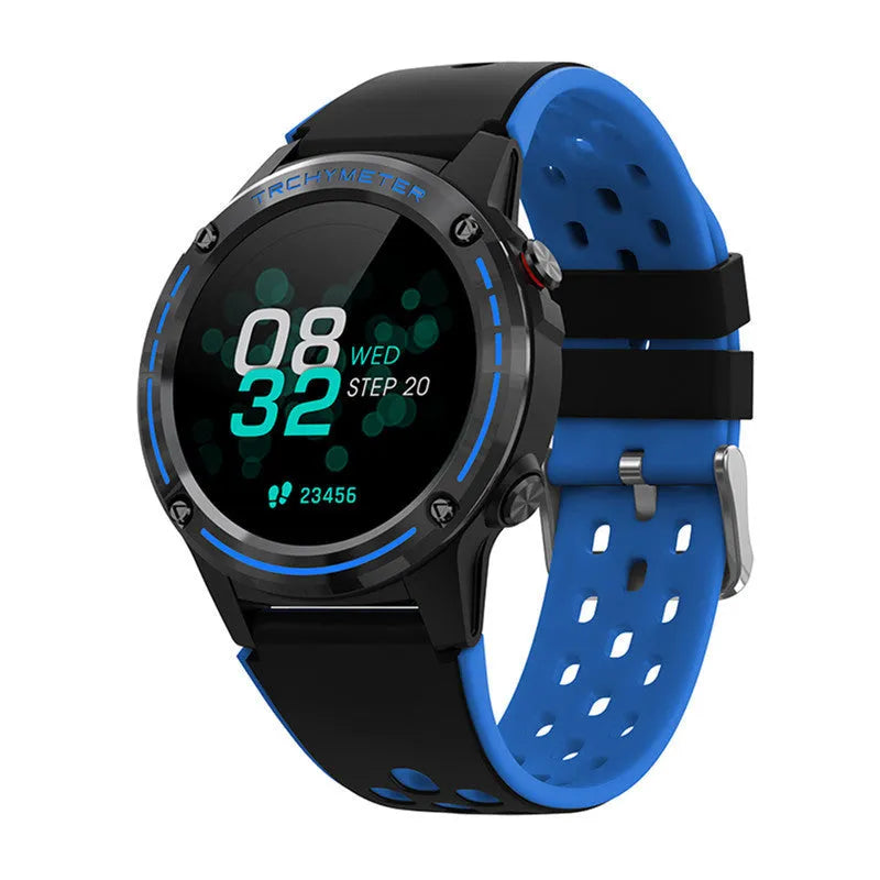 Blue outdoor sports smart watch with 1.3-inch screen and silicone wristband on a wrist.