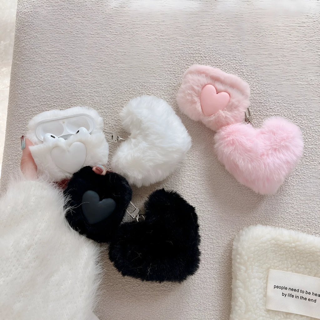 Plush loving heart TPU AirPods case in pink with soft shell and pendant