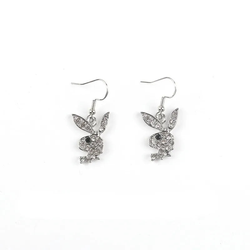 Rabbit stud earrings with full diamond detail in silver, pink, or gold alloy metal