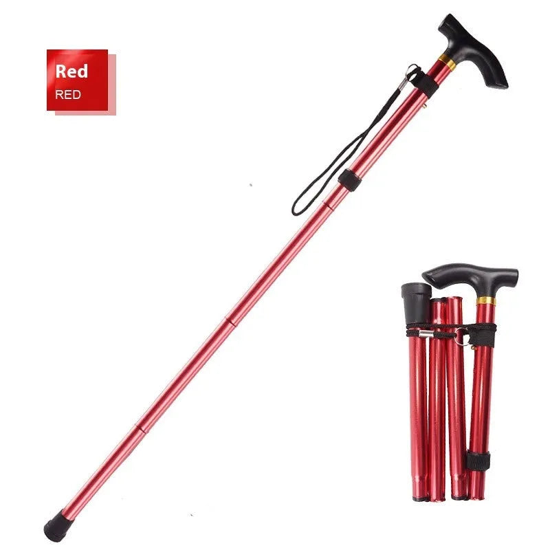 Aluminium folding walking cane extended to show height adjustment with non-slip handle