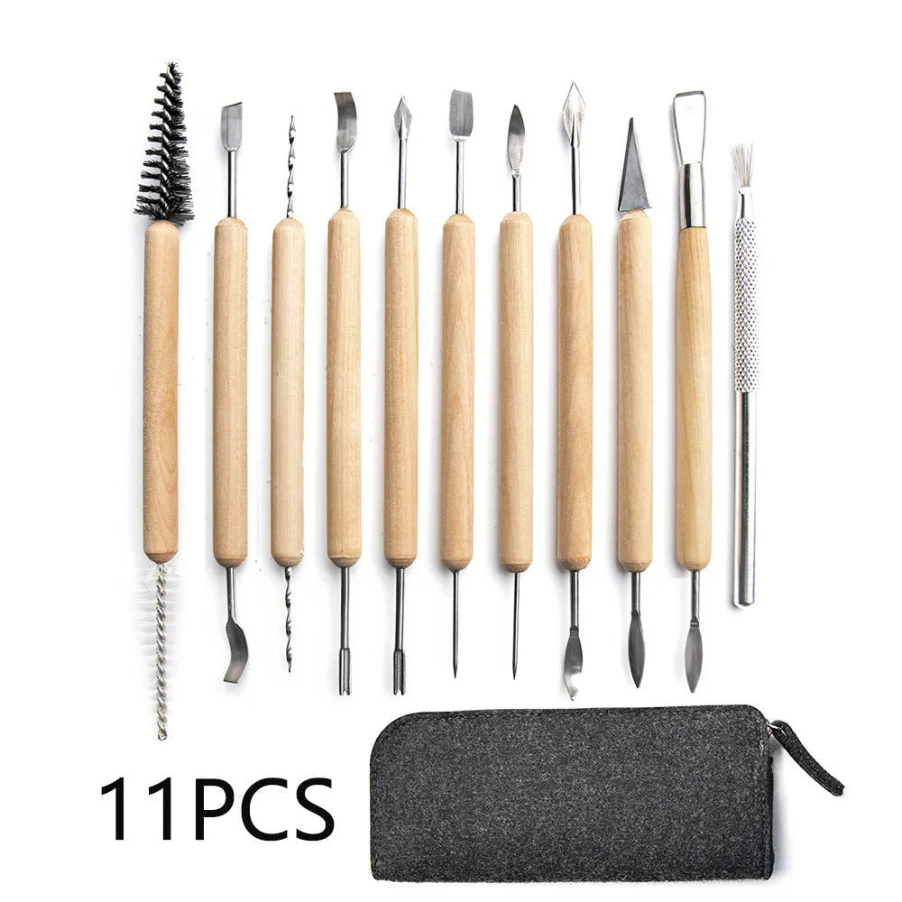 11-piece clay tools set with wooden handles and stainless steel ends arranged on a surface, blue bag option visible