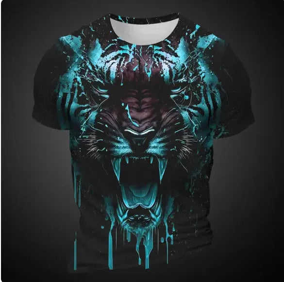 Men's short sleeve T-shirt with 3D tiger pattern print in polyester bird eye cloth