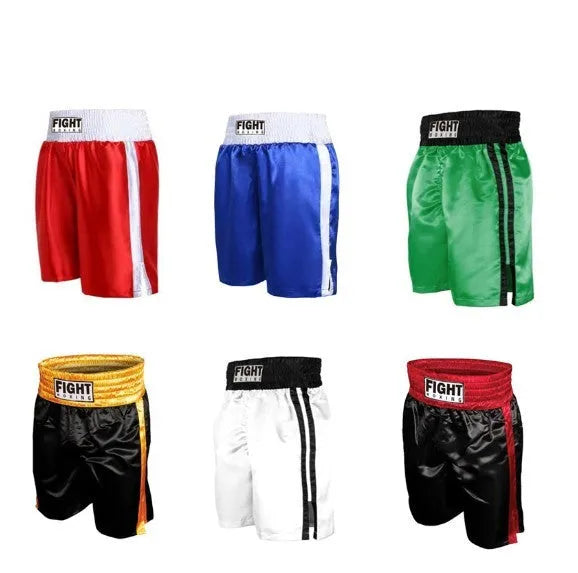 Black and white striped waist kickboxing shorts with side splits on a mannequin.