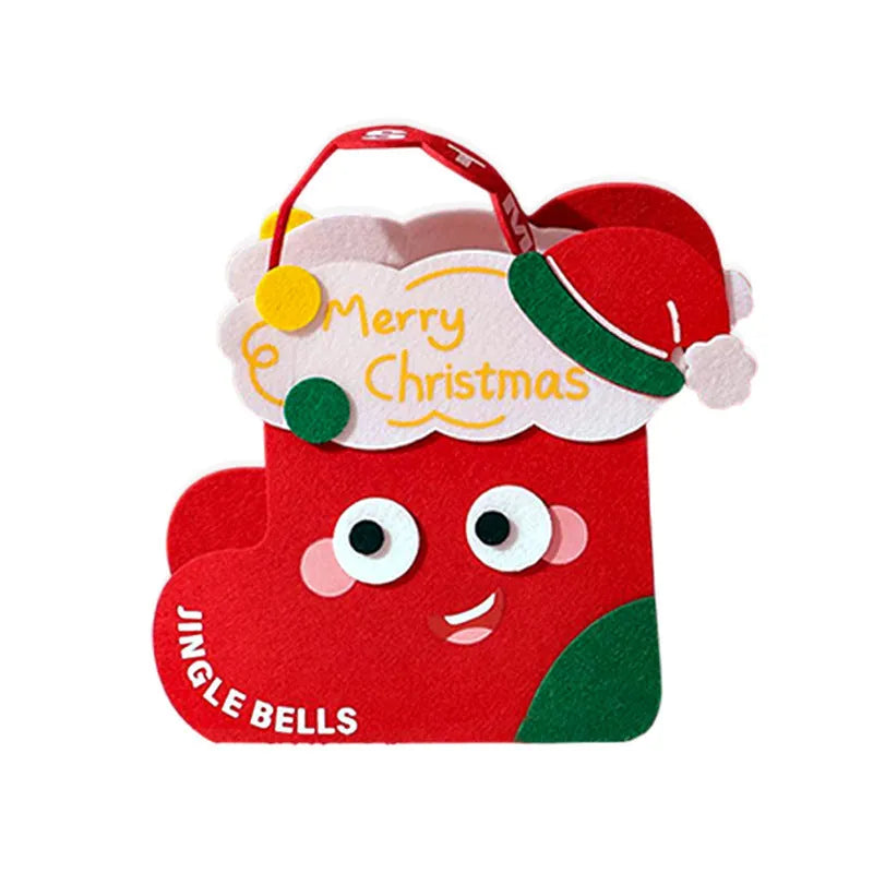 Christmas felt gift bag in green with cartoon design, reusable small gift packaging