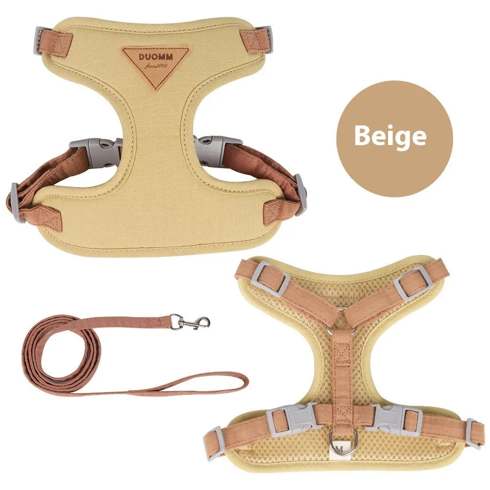 Cat chest harness and traction rope set in beige with anti-breaking cloth lead