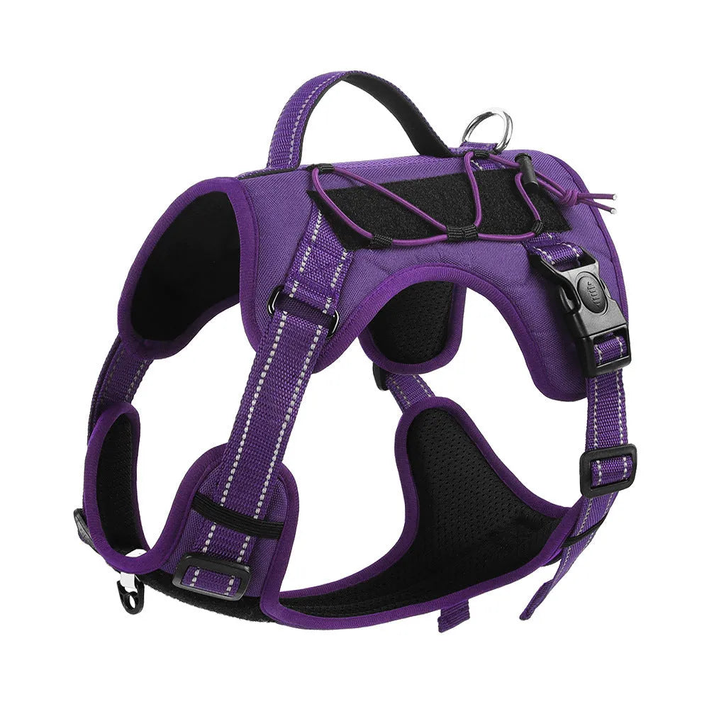 Orange explosion-proof dog harness vest with reflective strips and a black hand grip rope attached.